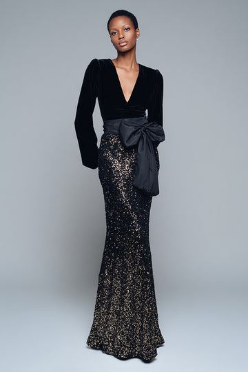 Sparkly Black Mermaid Sequins V-Neck Long Formal Dress with Bow